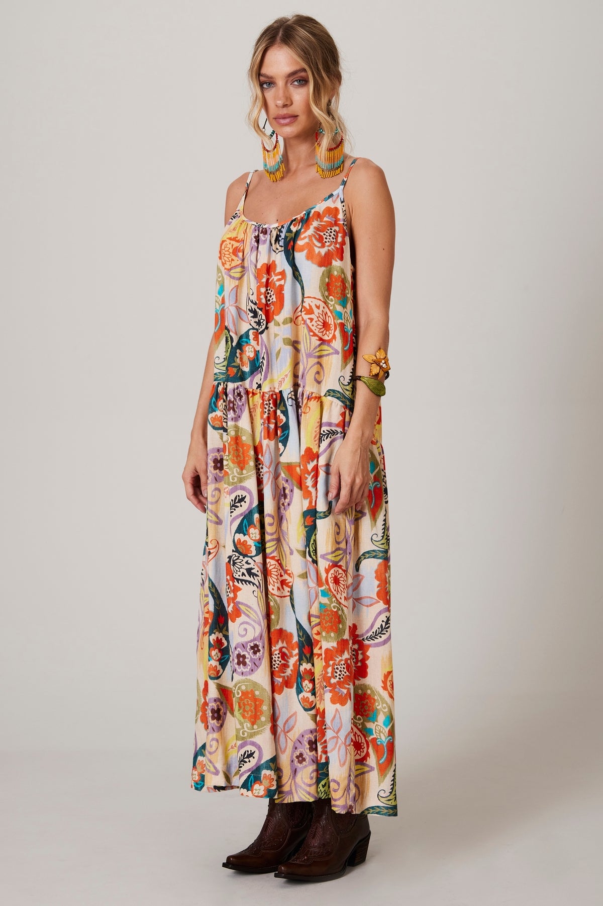 Yacamim E8 Beige Wide Linen Midi Dress with Cashmere Print