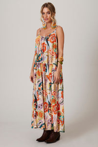 Yacamim E8 Beige Wide Linen Midi Dress with Cashmere Print