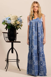 Yacamim E4 Blue Cashmere Print Long Dress with Straps and Asymmetrical Cut