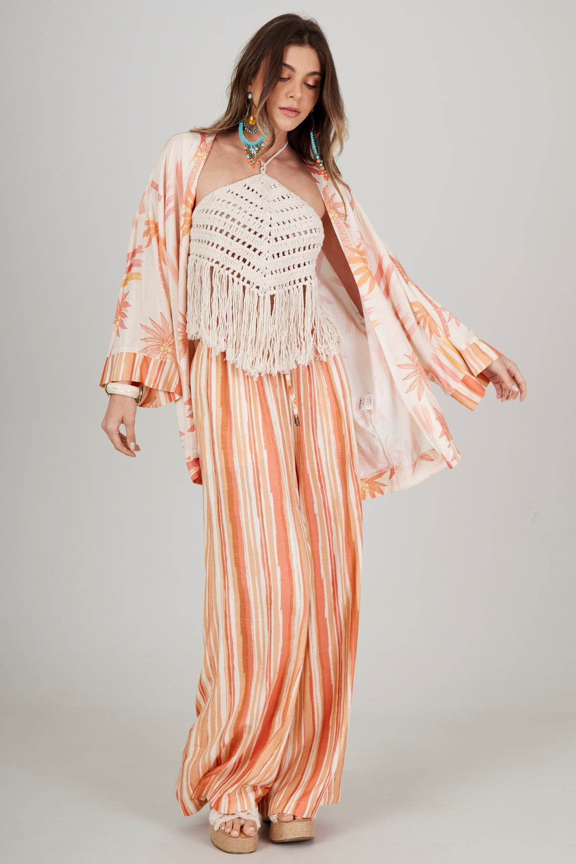 Yacamim Striped Orange Wide-Leg Pants with Pockets I8