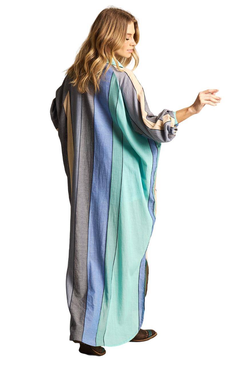 Yacamim N3 Blue and Green Striped Loose Long Shirt