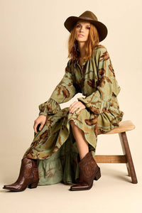 Yacamim A29 Printed Green Linen Long Skirt with Ruffles