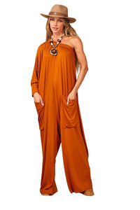 Yacamim Orange One-Shoulder Jumpsuit with Pockets