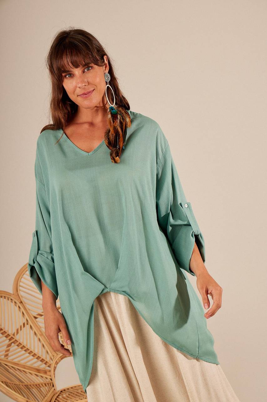 Yacamim Mint Green Loose V-Neck Shirt with Front Pleat
