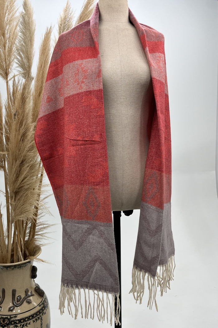 Red Printed Fringed Scarf Yacamim #261
