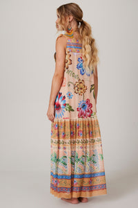 Yacamim K1 Orange Printed Tulle Midi Dress with Tie Straps