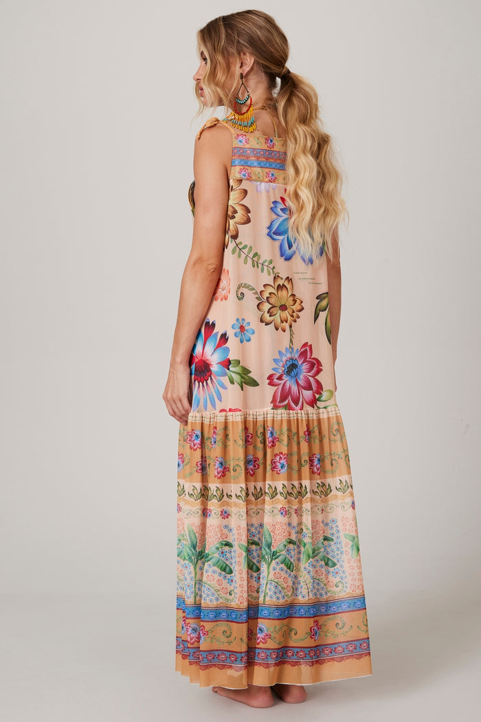 Vestido Midi De Tule Com Alças De Amarrar Laranja Estampado Yacamim K1