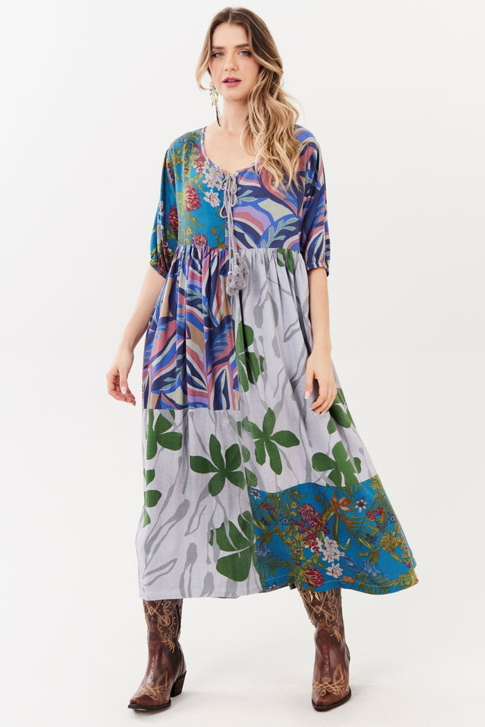 Light Gray and Blue Patchwork Midi Dress Yacamim C4