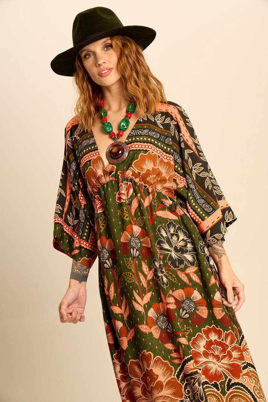 Yacamim Printed Dark Green Long Kaftan with Waist Tunnel