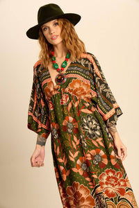 Yacamim Printed Dark Green Long Kaftan with Waist Tunnel