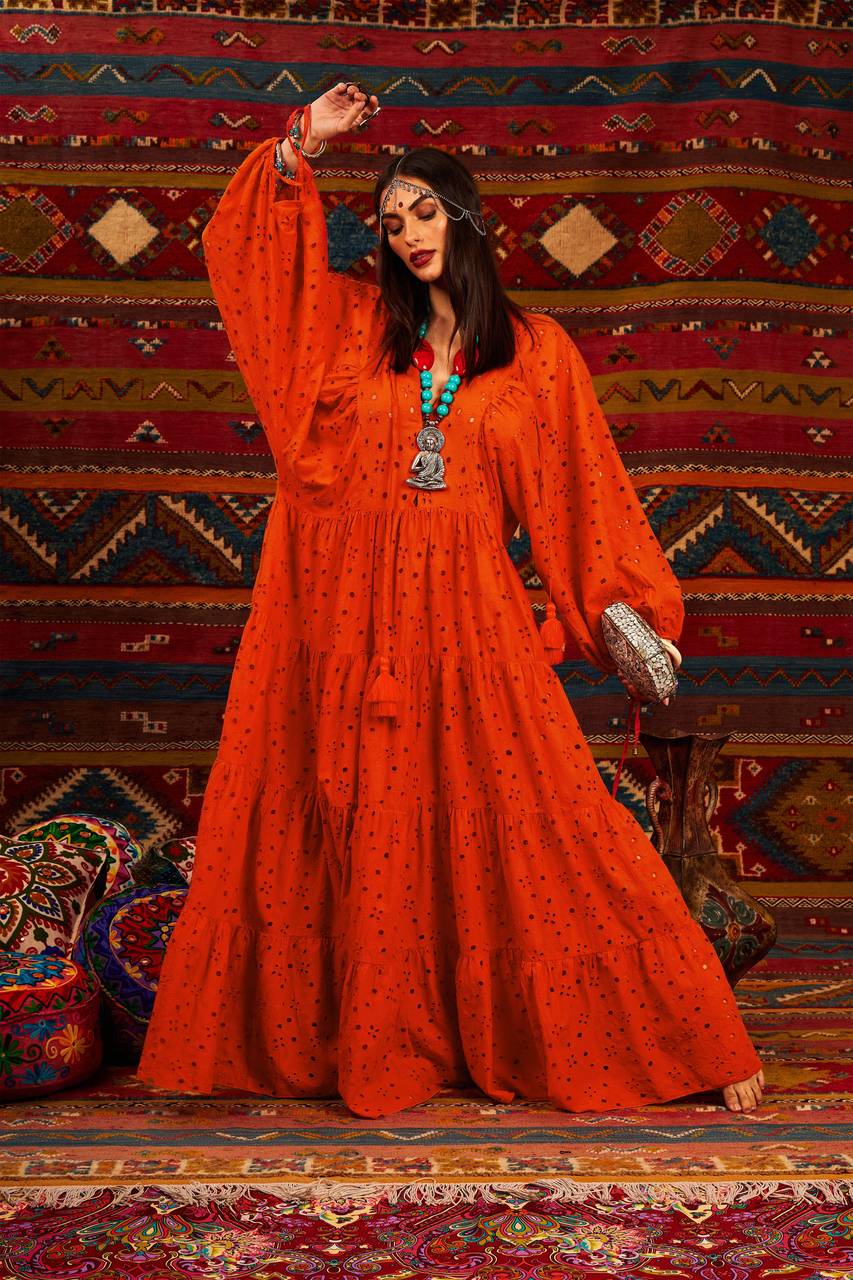 Yacamim Orange Broderie Puffed Sleeve Maxi Dress