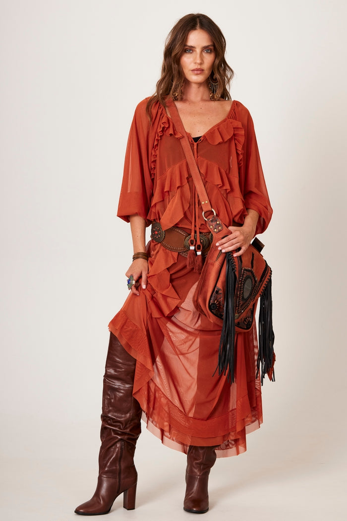 Yacamim Long Ruffled Tulle Dress Terracotta D4