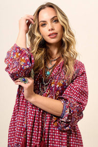 Yacamim Printed Burgundy Short Dress with Puff Long Sleeves