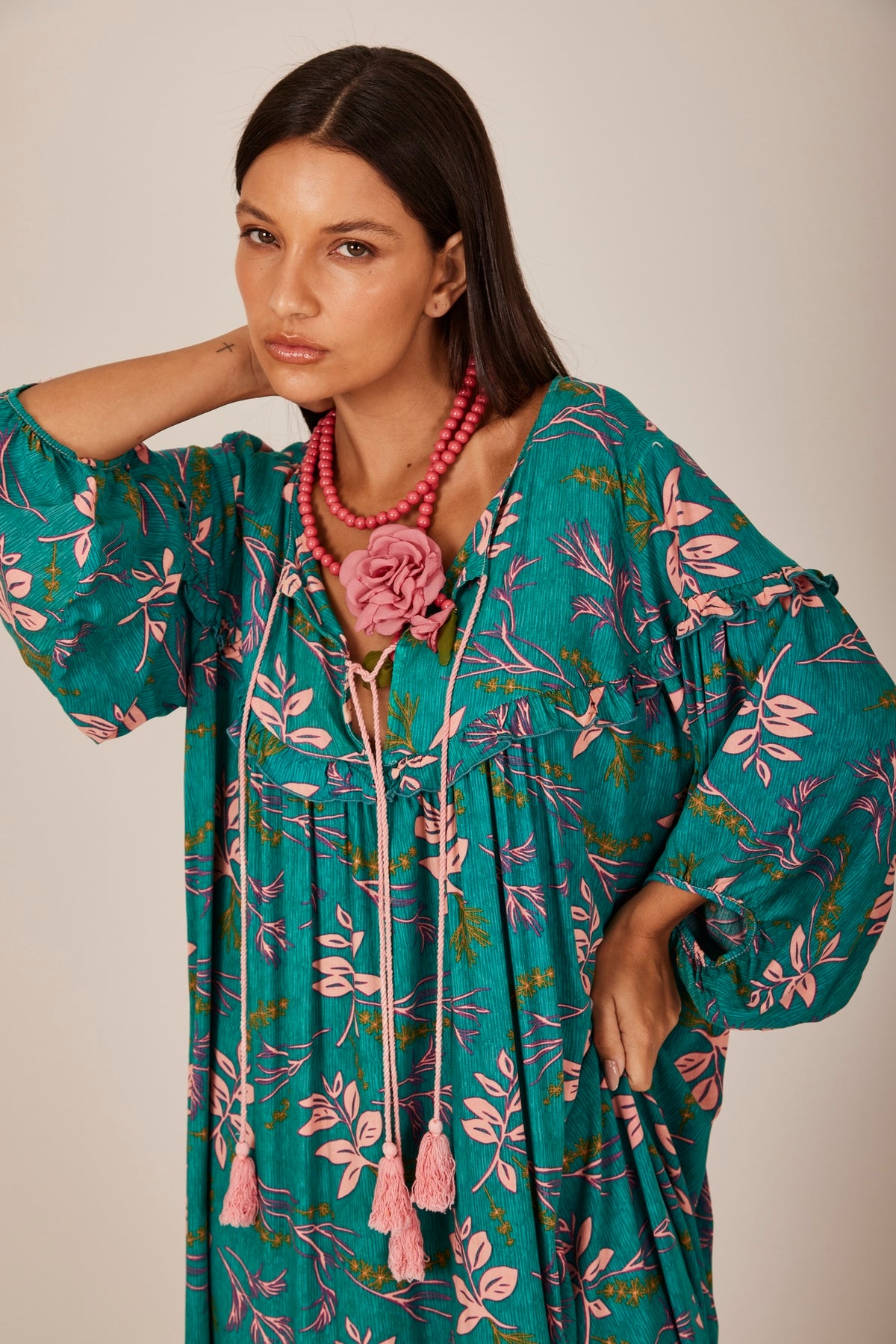 Yacamim C2 Green Printed Long Dress with Puffy Sleeves