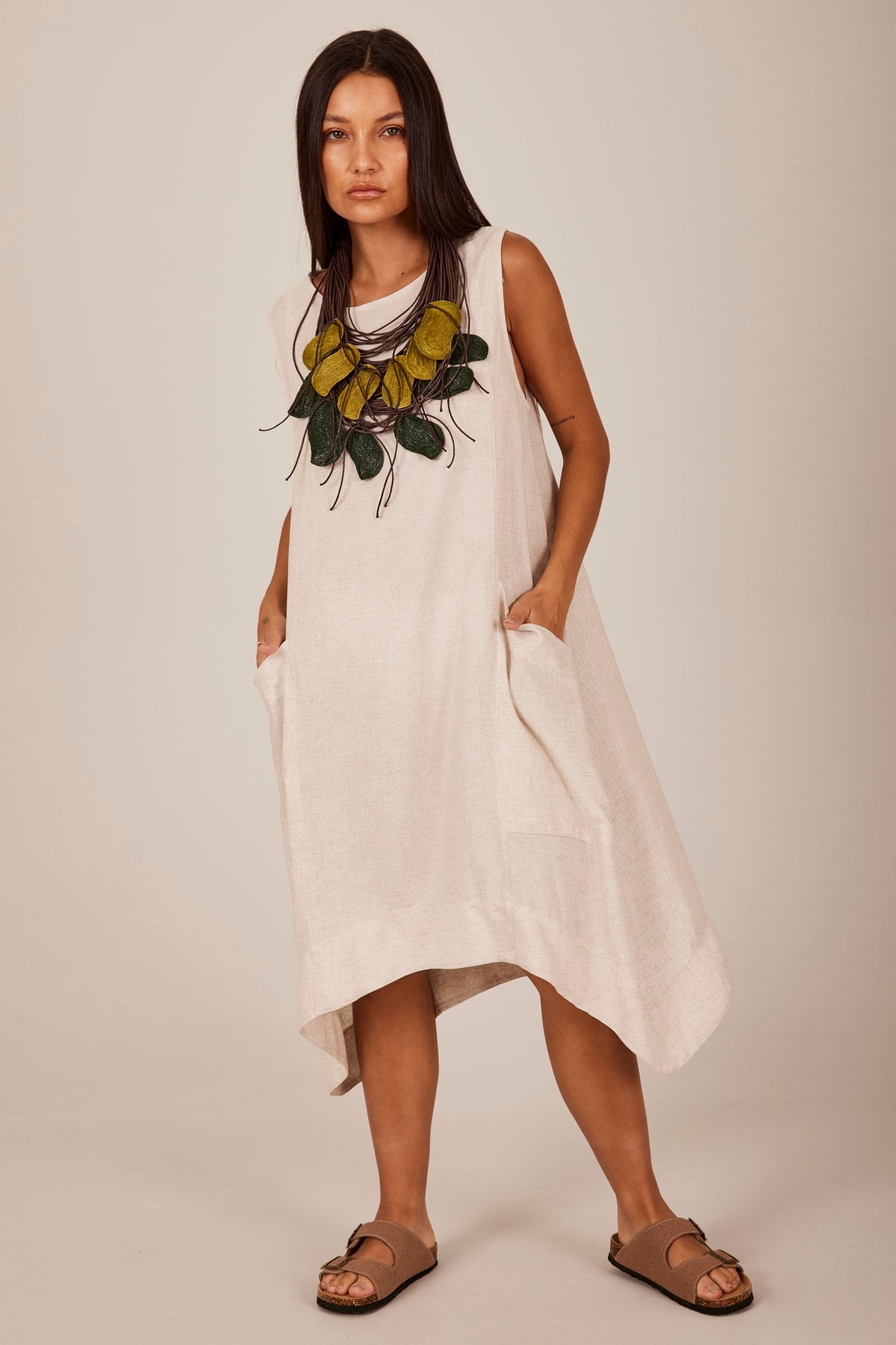 Yacamim D1 Plain Beige Linen Short Tank Dress