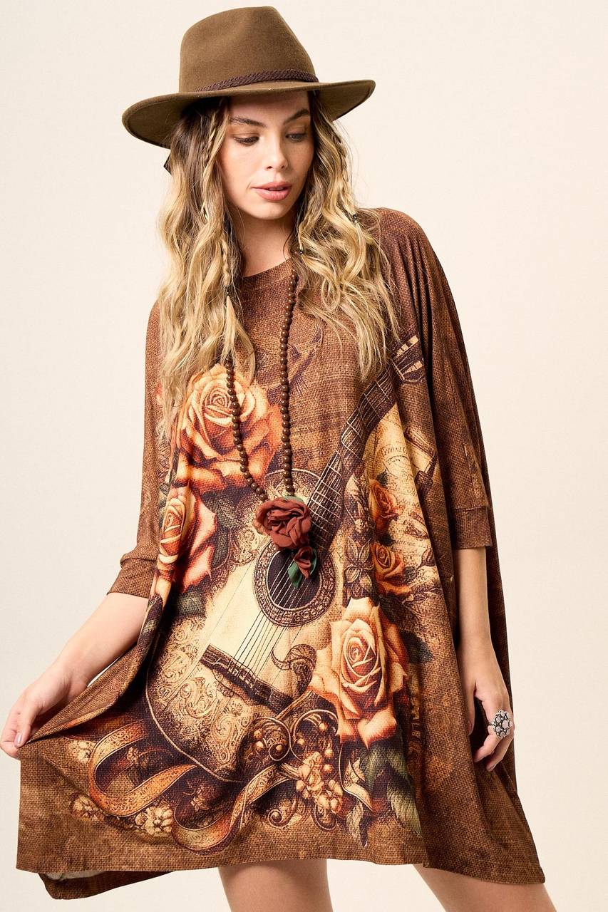 Yacamim Brown Guitar Print Loose Tunic