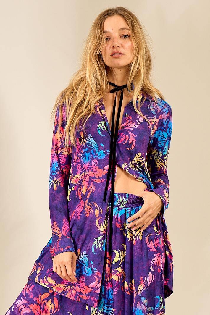 Yacamim A28 Purple Printed Short Shirt with Extended Back