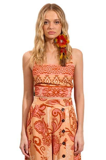 Orange Printed Cropped Top with Back Tie Yacamim A6