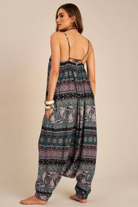 Yacamim O3 Black Sarouel Jumpsuit with Straps and Ethnic Print
