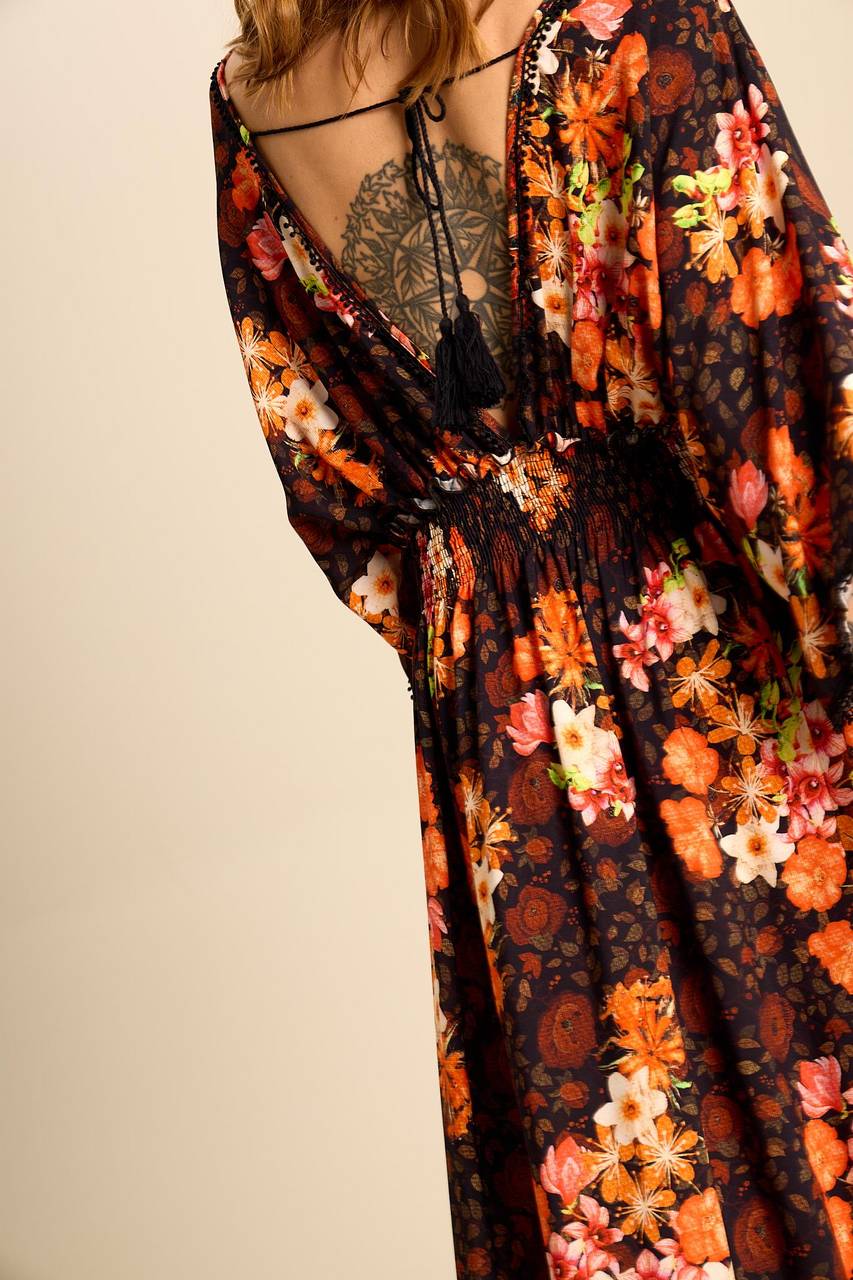 Yacamim Floral Print V-Neck Long Dress with Smocked Bodice