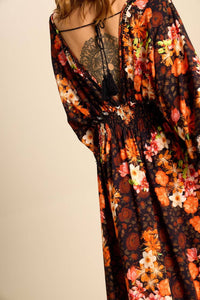 Yacamim Floral Print V-Neck Long Dress with Smocked Bodice