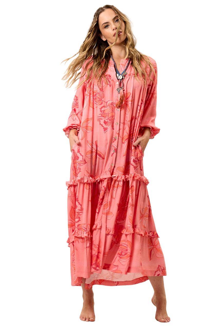 Yacamim E15 Pink Printed Long Sleeve Midi Shirt Dress