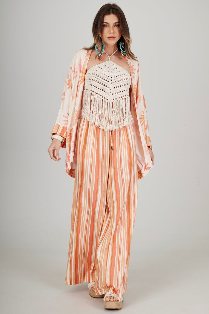 Yacamim Striped Orange Wide-Leg Pants with Pockets I8