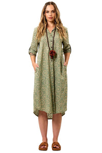 Yacamim Green Long Sleeve Embroidered Midi Shirtdress