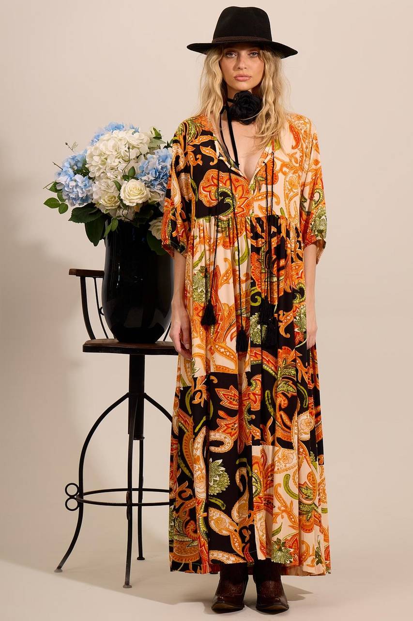 Yacamim Orange Patchwork 3/4 Sleeve Midi Dress D16