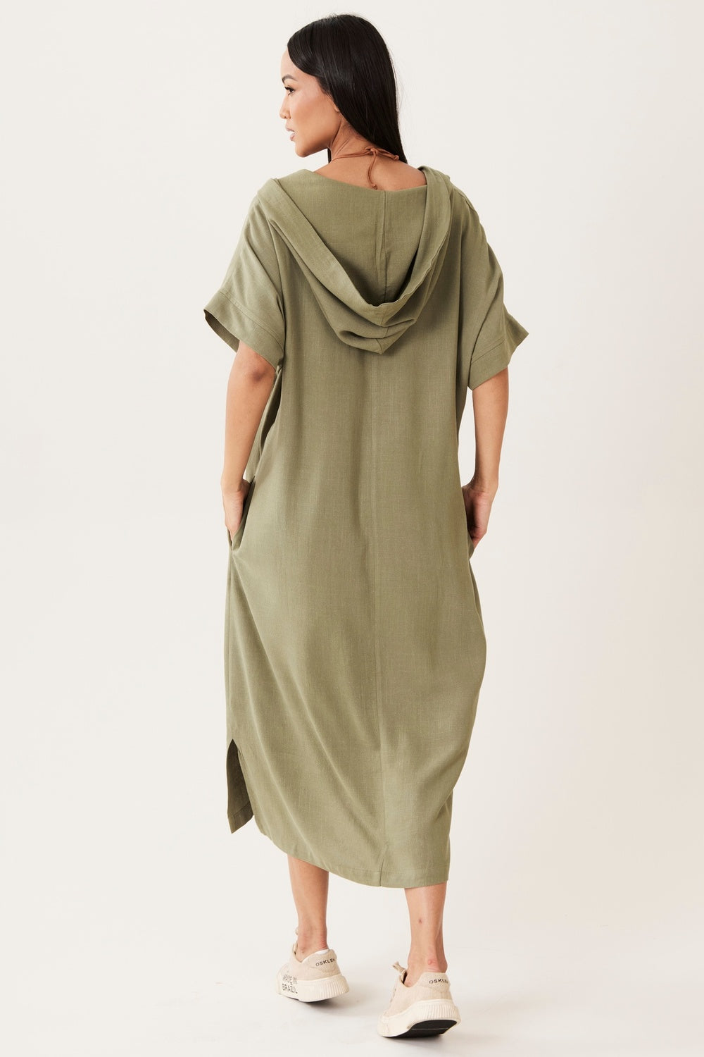 Yacamim Olive Green Viscose Linen Hooded Midi Dress E1