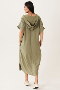 Yacamim Olive Green Viscose Linen Hooded Midi Dress E1