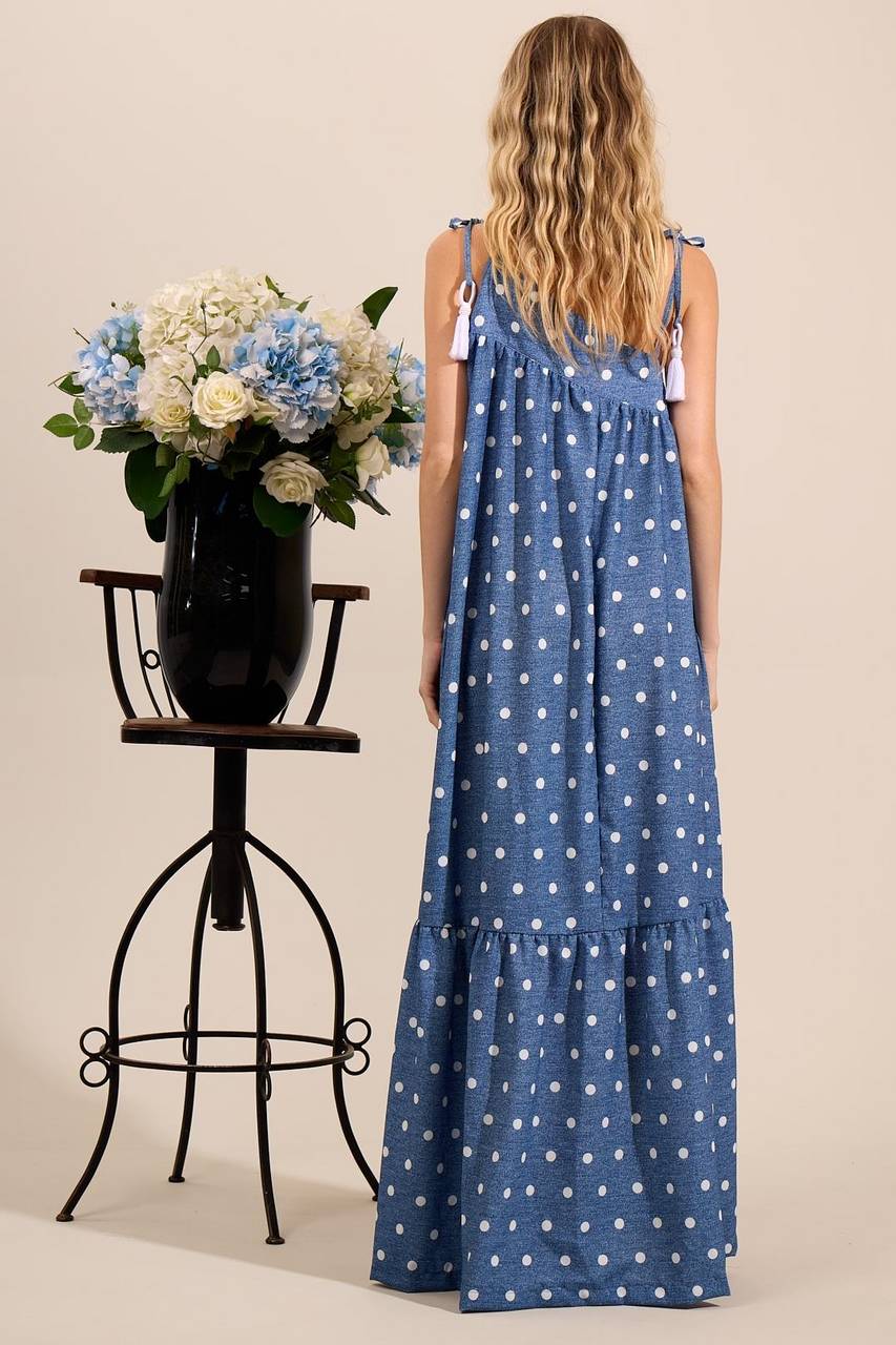 Yacamim Asymmetrical Cut Long Dress with Adjustable Straps and Blue Polka Dot Print