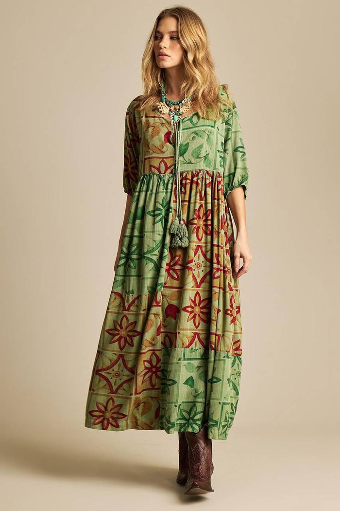 Yacamim Green Patchwork 3/4 Sleeve Midi Dress