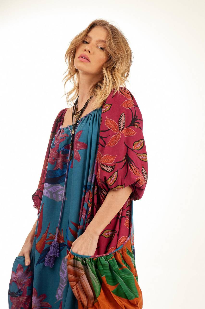 Yacamim Patchwork Print Wide Long Dress With Puffy Sleeves