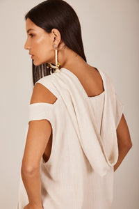 Yacamim D9 Beige Linen Long Dress with Cut-Out Shoulders and Hood