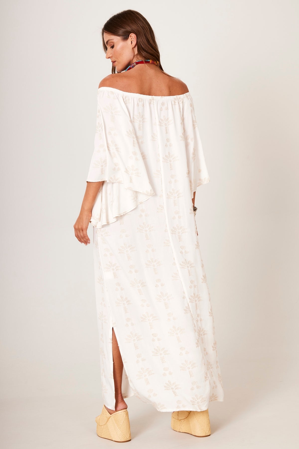 Yacamim C6 Beige Textured Floral Off-the-Shoulder Linen Maxi Dress