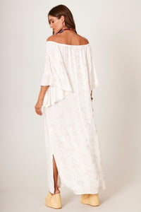 Yacamim C6 Beige Textured Floral Off-the-Shoulder Linen Maxi Dress