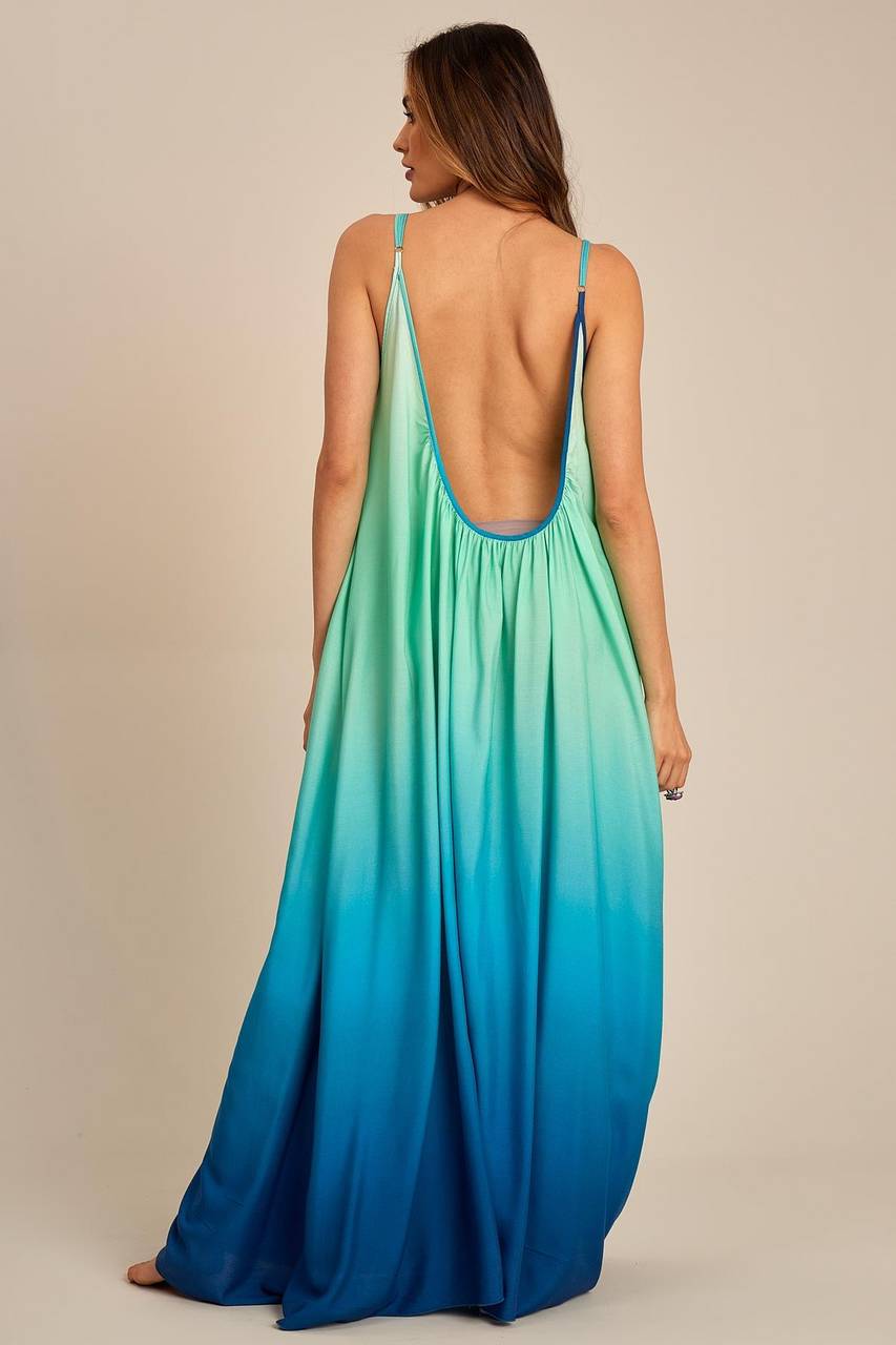 Yacamim Ombre Green and Blue Open-Back Loose Maxi Dress