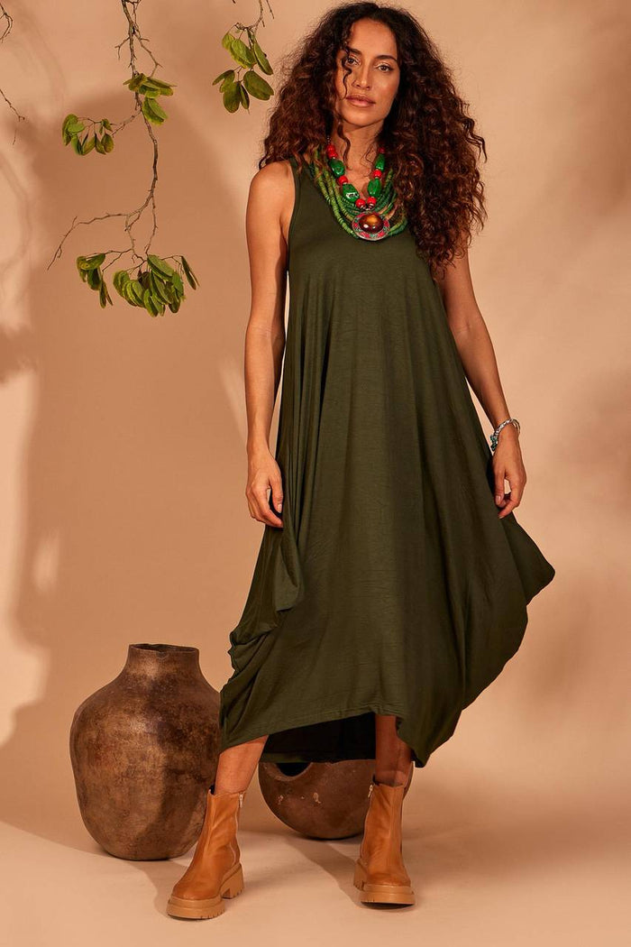 Yacamim Dark Green Midi Sleeveless Dress with Pockets