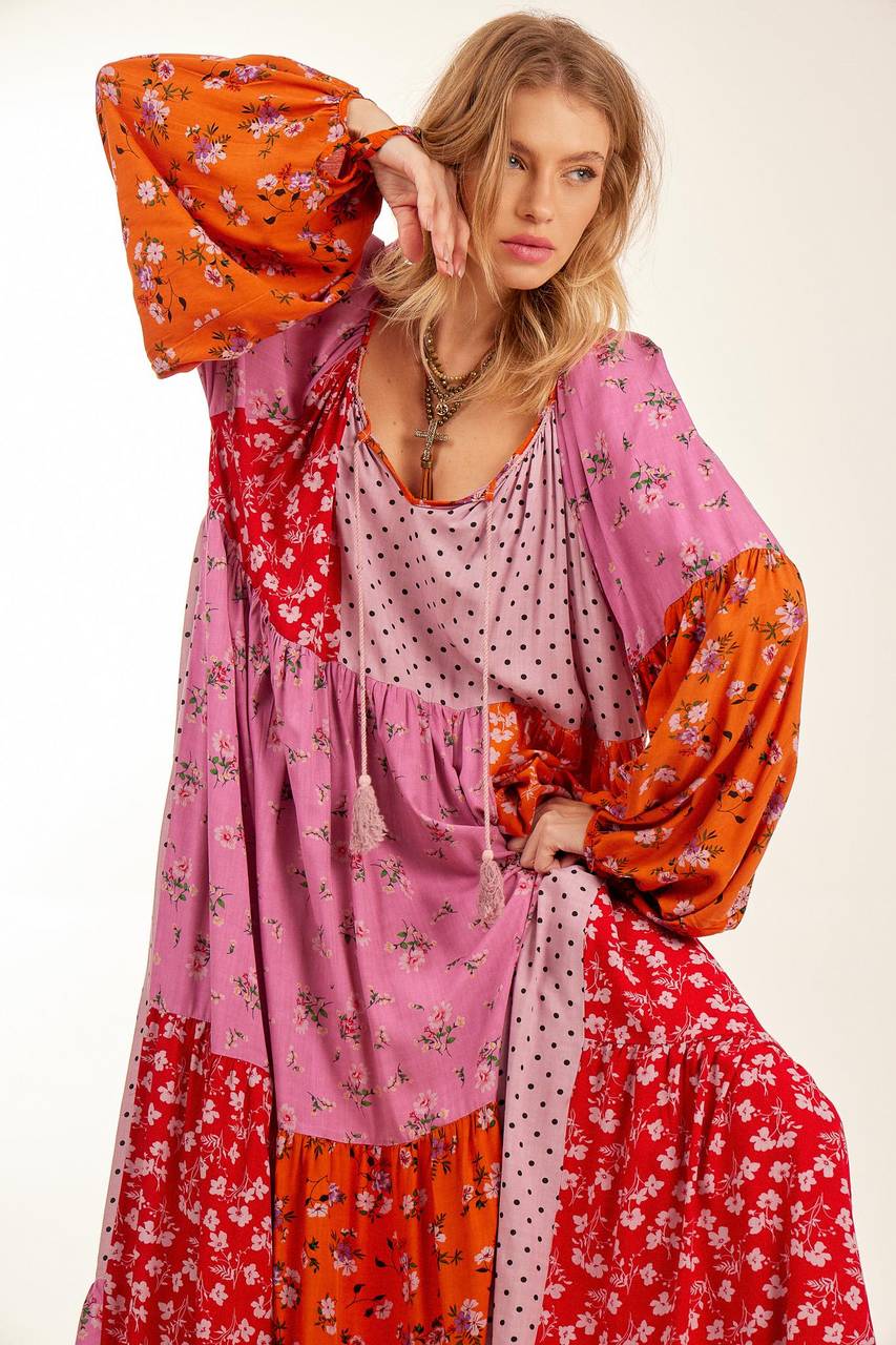 Yacamim Pink Patchwork Wide Long Dress with Puffed Long Sleeves<br />
<p>
</p>