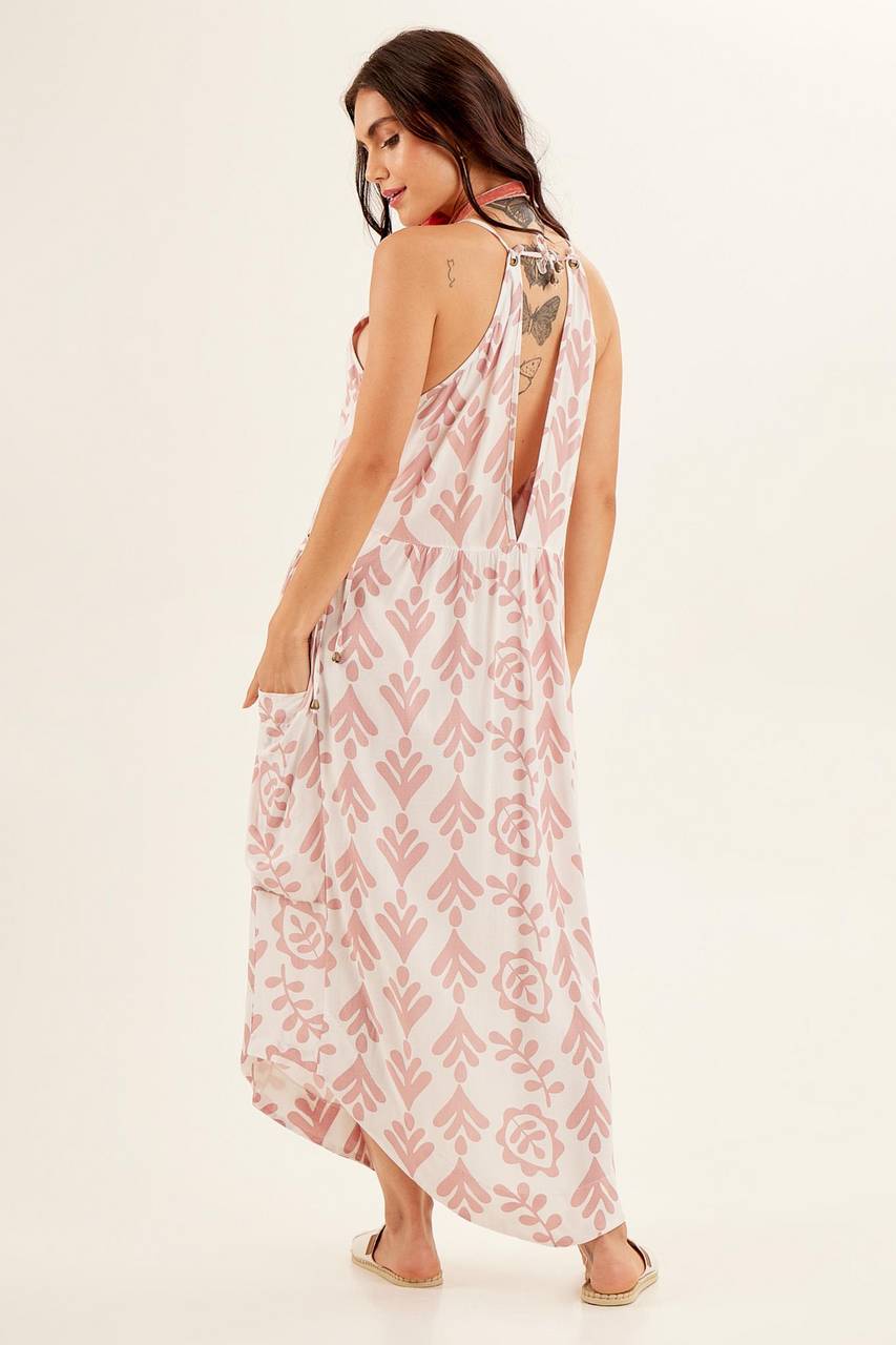 Yacamim Off-White and Rose Printed Midi Dress with Side Adjustments