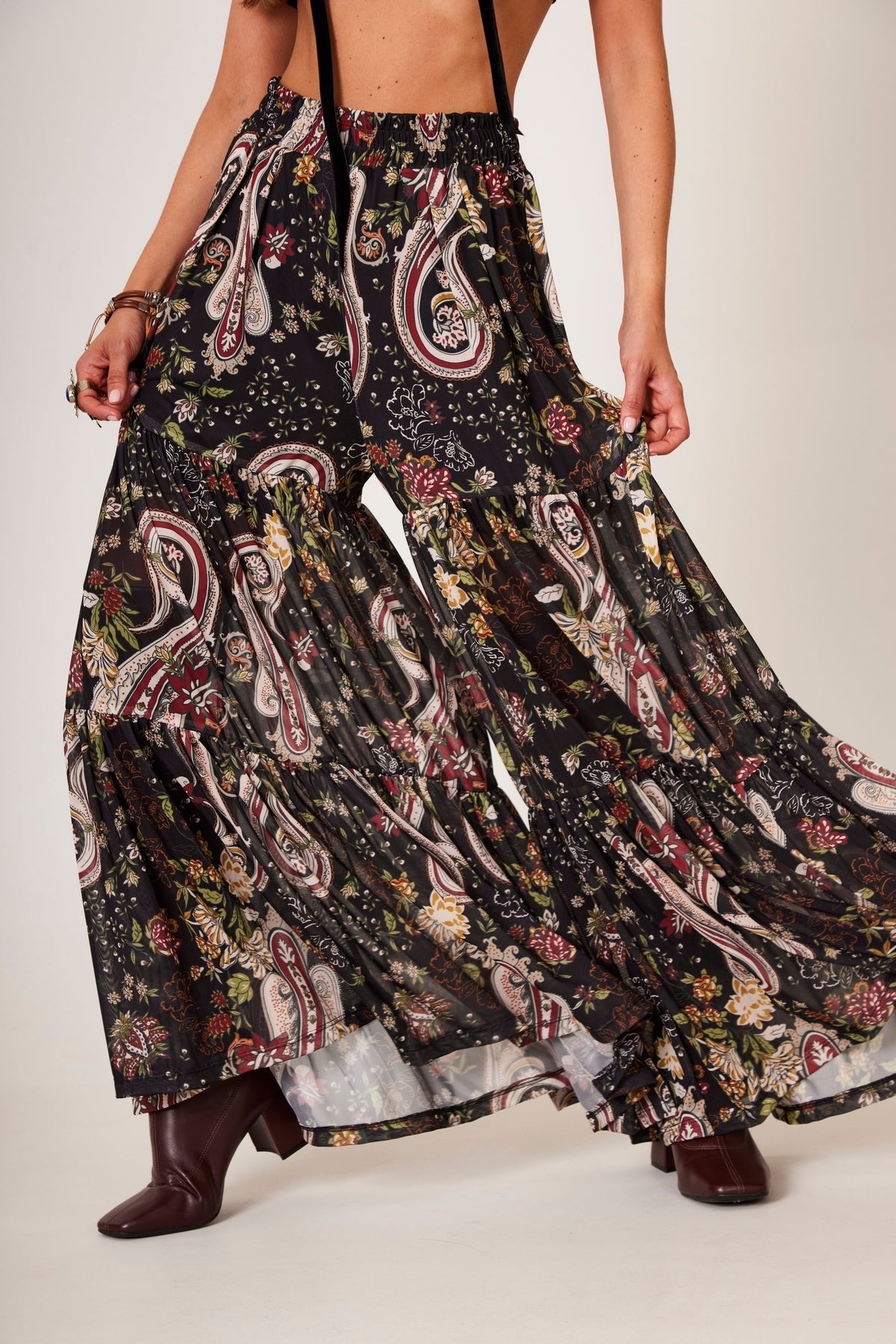 Black Tulle Palazzo Pants with Cashmere Print Yacamim A15