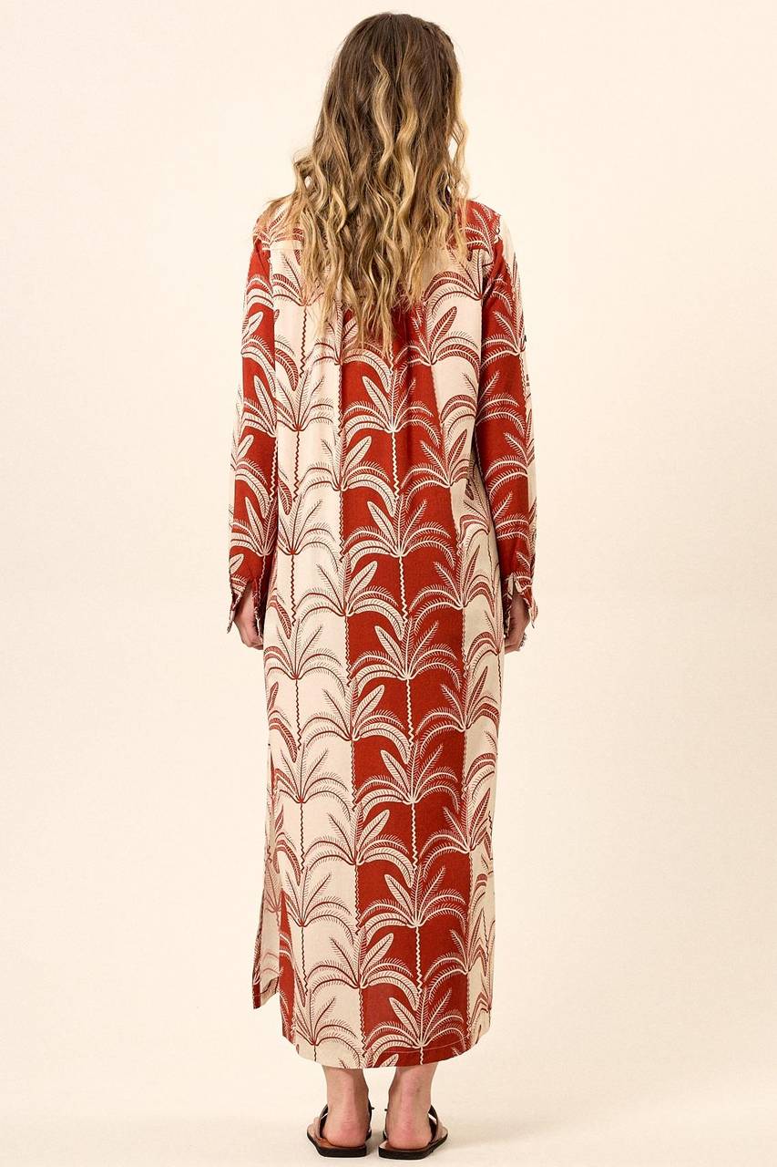 Yacamim N5 Long Beige and Red Printed Long-Sleeved Chemise