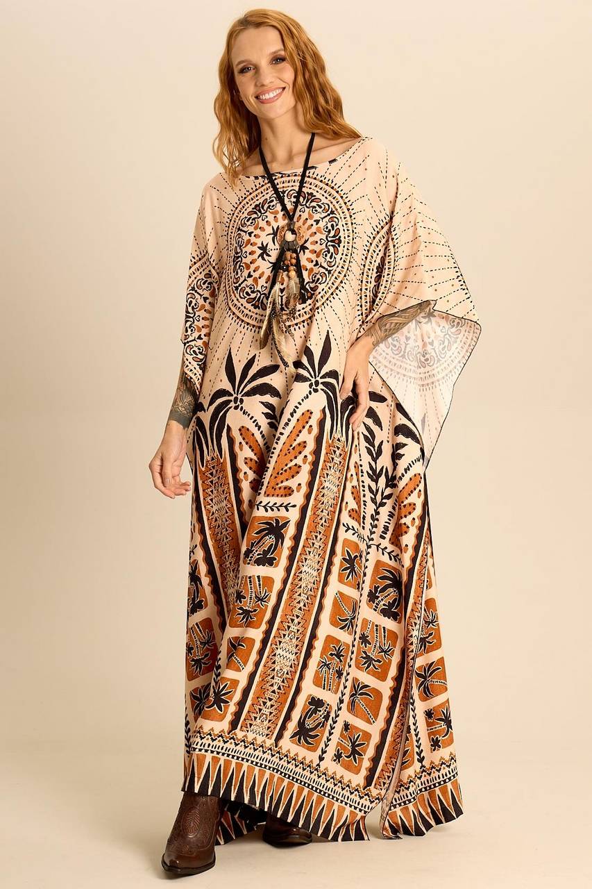 Yacamim J5 Wide Beige Printed Kaftan
