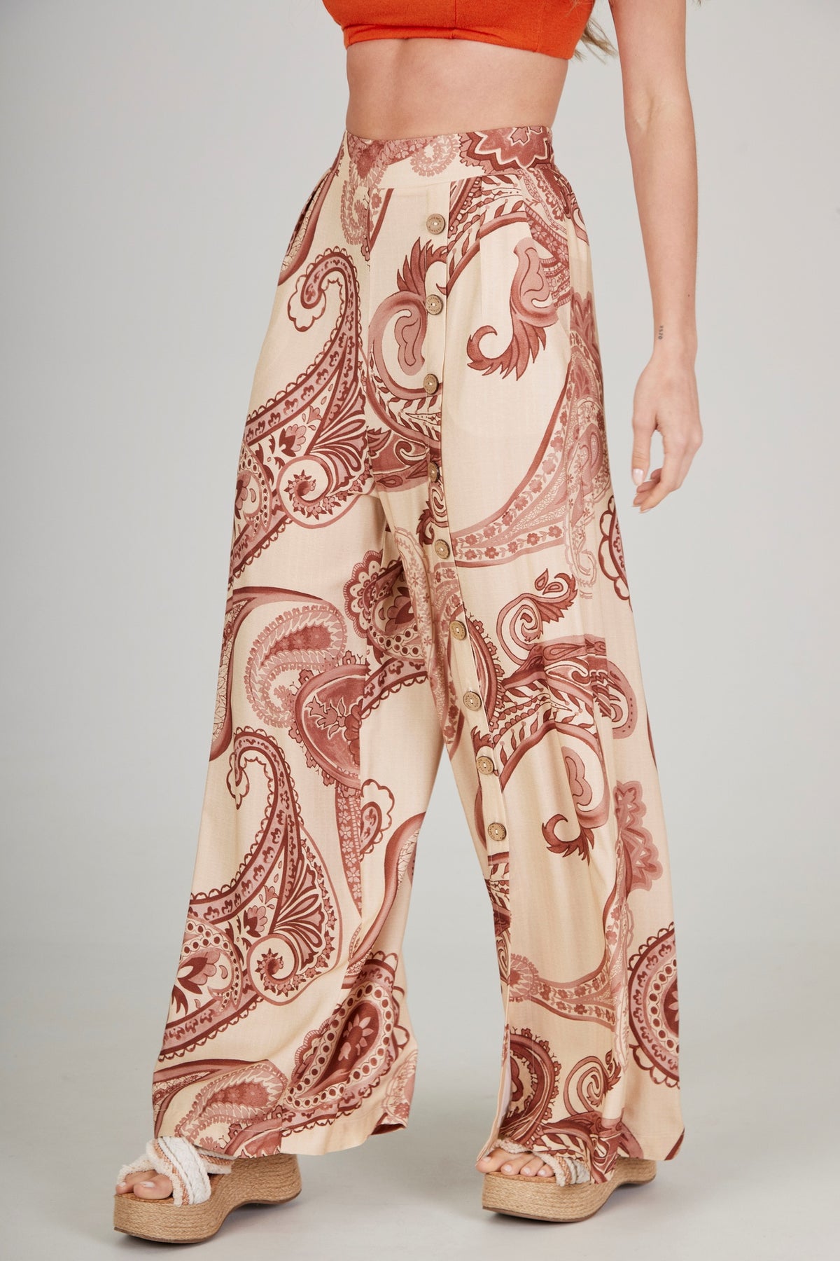 Yacamim A36 Beige Paisley Print Wide-Leg Pants