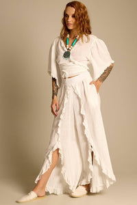 Yacamim White High-Waisted Ruffle Trousers A31