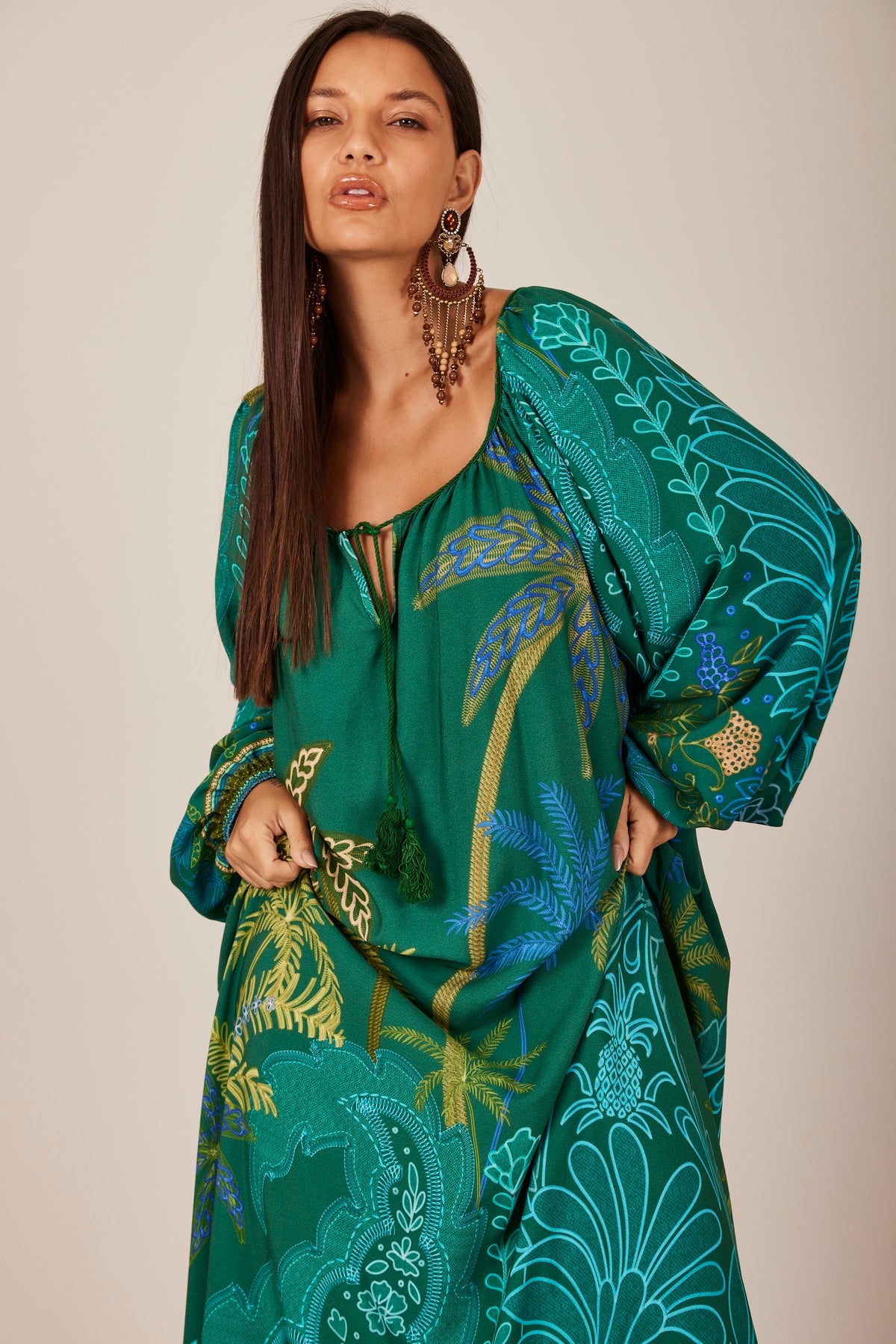 Yacamim D26 Printed Green Off-the-Shoulder Long Dress