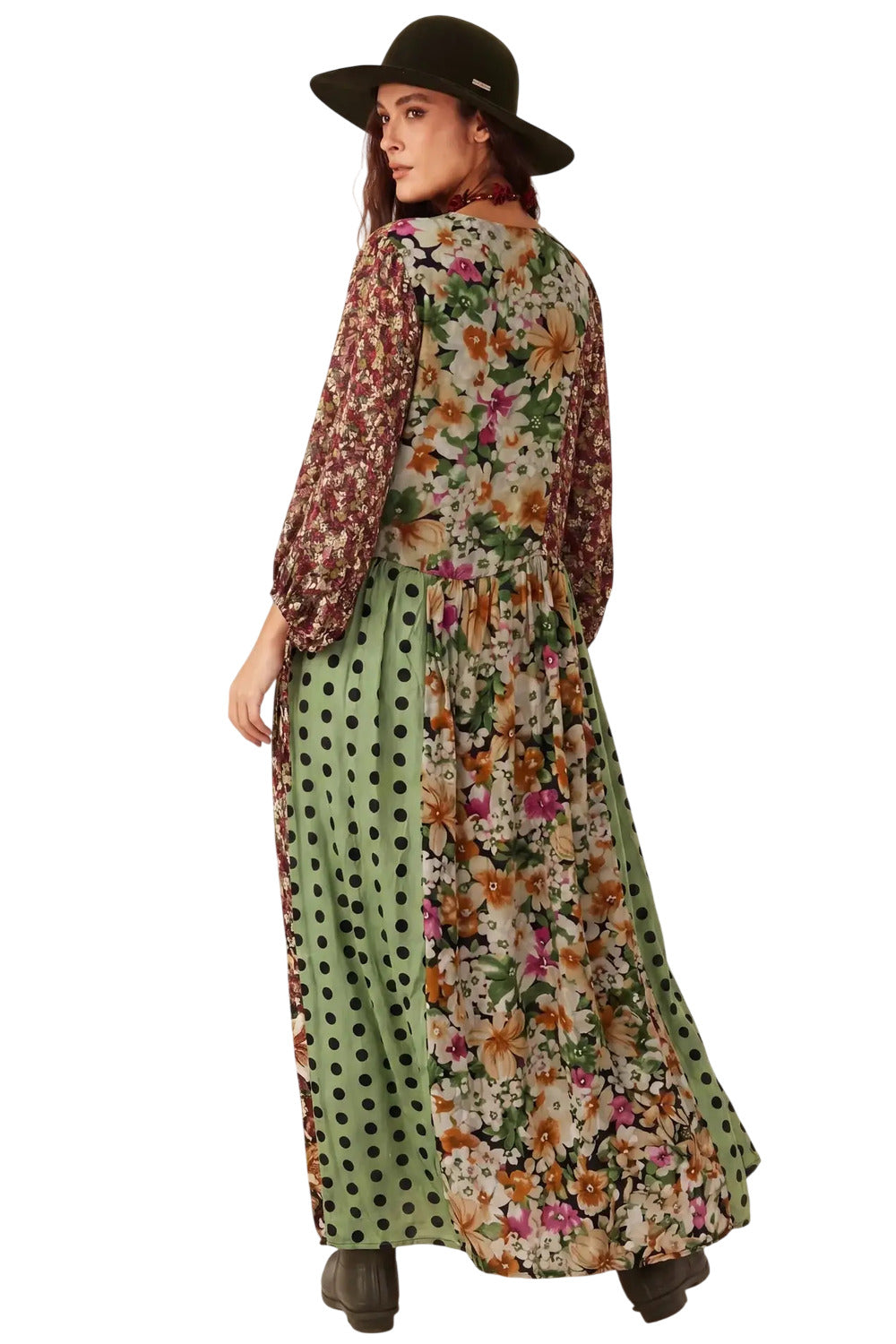Vestido Longo Amplo Verde Patchwork Yacamim E1