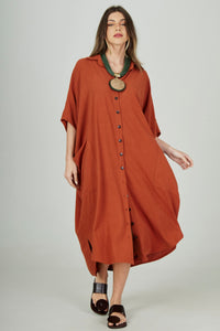 Yacamim Terracotta Viscose-Linen Midi Shirt L5