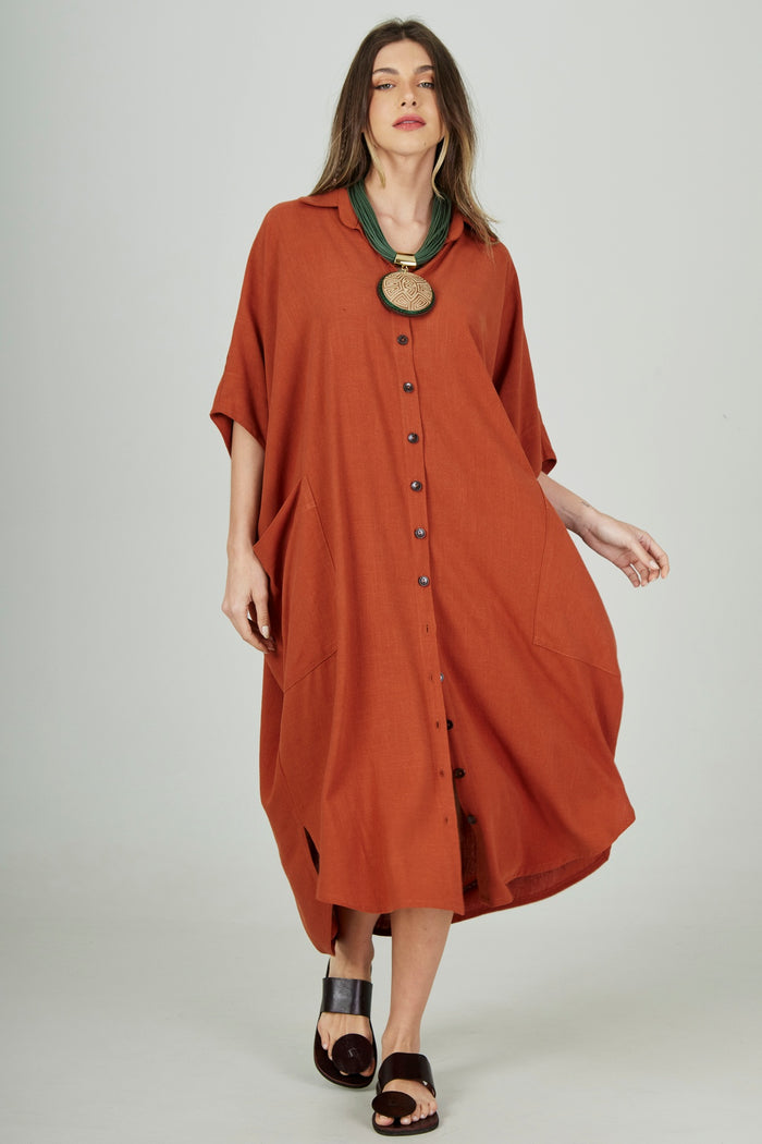 Yacamim Terracotta Viscose-Linen Midi Shirt L5
